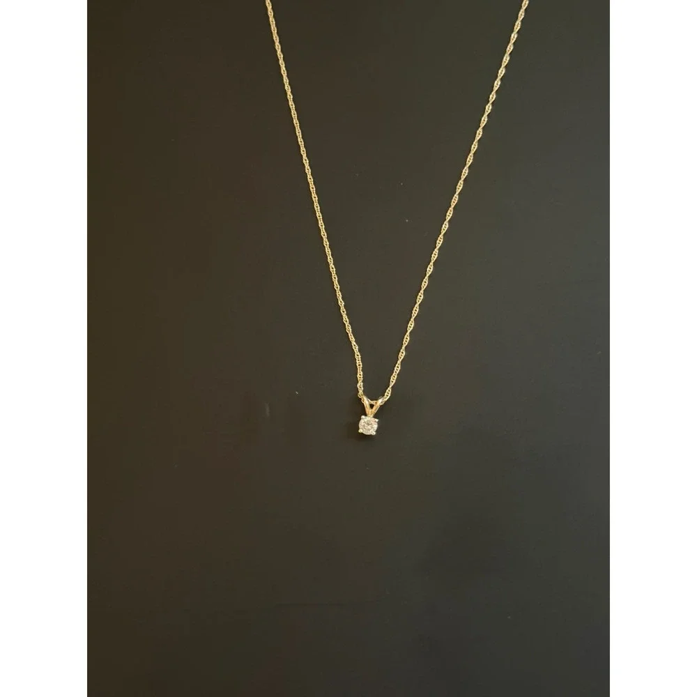 10k Yellow Gold Real Diamond Solitaire Pendant Necklace 18 Inch Rope Chain 0.69g